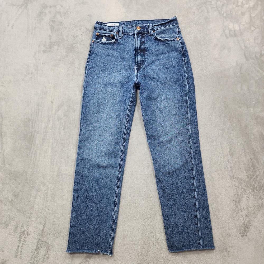 Gap Jeans Womens 6 Blue Dark Wash Cheeky Straight Sky High Raw Hem Stretch Denim